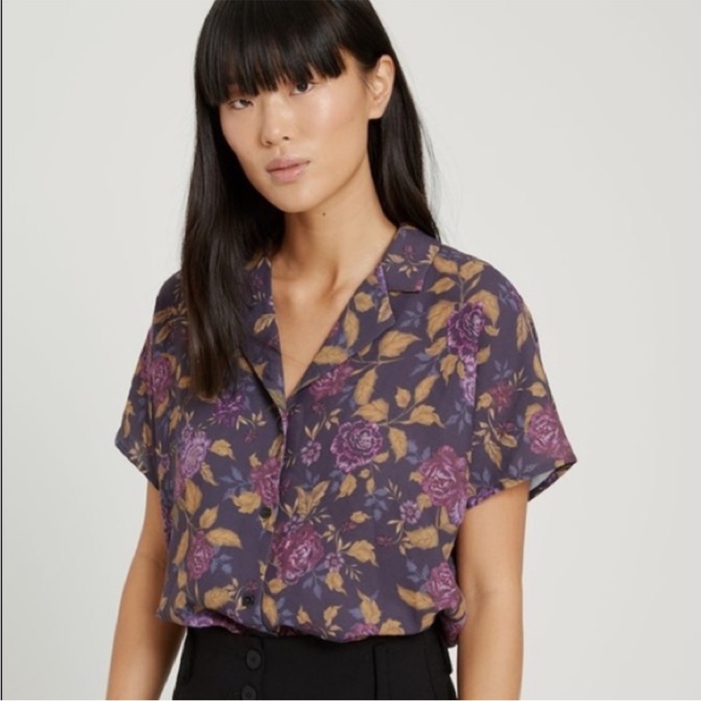 Frank & Oak Purple Floral Short-Sleeve Button Front Blouse